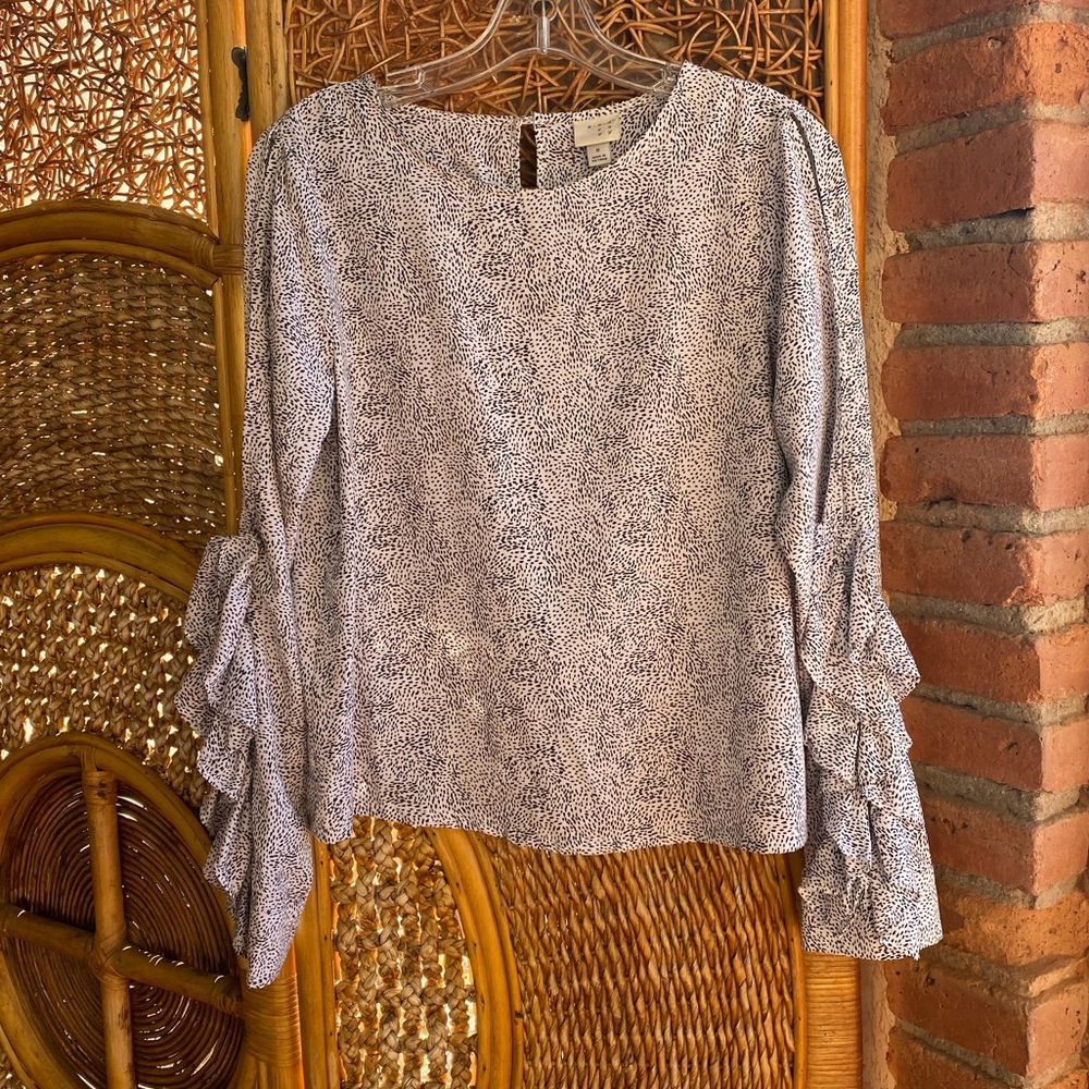 A New Day Black and White Ruffle Long Sleeve Blouse Keyhole Open Shoulder